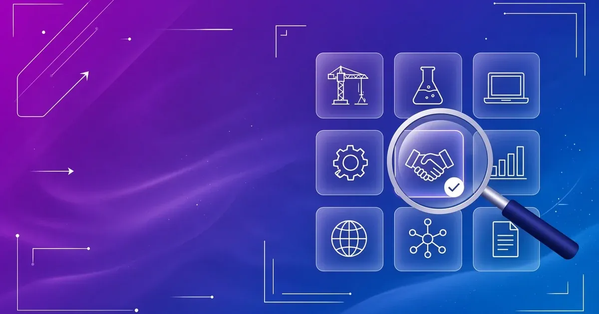 Grid of niche partner icons on a purple-to-blue gradient, with a magnifying glass highlighting a partnership handshake.