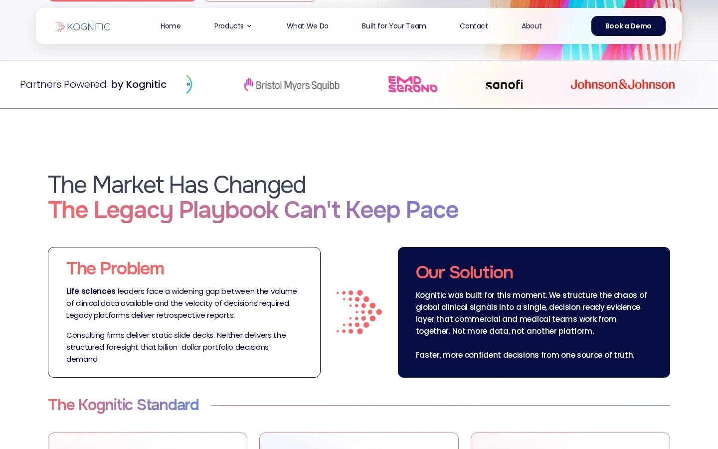 Kognitic after the redesign, partner logo marquee and problem solution section