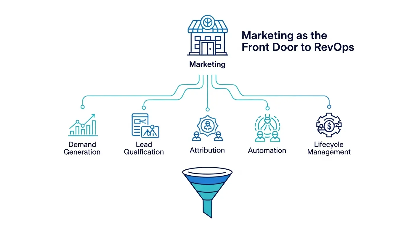Marketing as the front door to RevOps - showing how marketing touches demand generation, lifecycle definitions, lead qualification, attribution, and automation