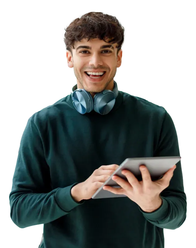 Person with a table smiling